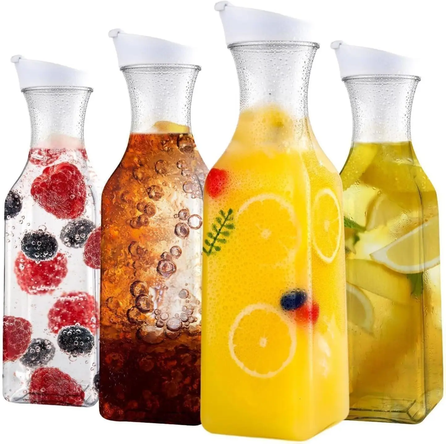Set of 4 Plastic Carafe with Lid, 50 Oz Carafes for Mimosa Bar, Square Base Juice Containers, Water Bottle, Milk Container, Clear Beverage Containers for Fridge