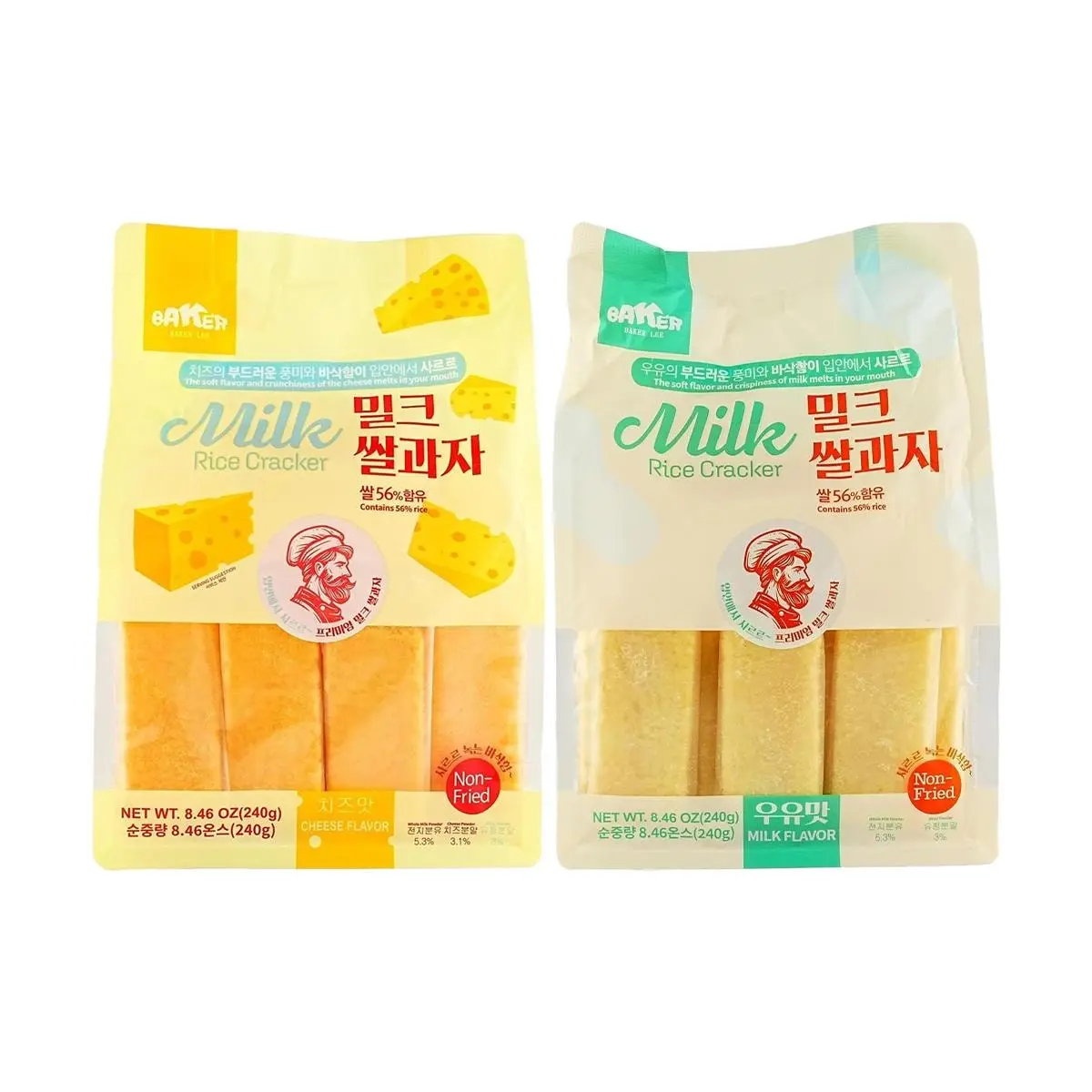 BAKER LEE Milk Rice Crackers, Original & Cheese Flavor Combo Pack, 240g x 2 Bags, Healthy Non-Fried Snack