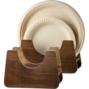 Paper Plate Dispenser 2 PCS Acacia Wood Foam Plate Storage Organizer for 7-10 inch Disposable Plate,Paper Plate Holder for Cabinet,Countertop,RV or Outdoor