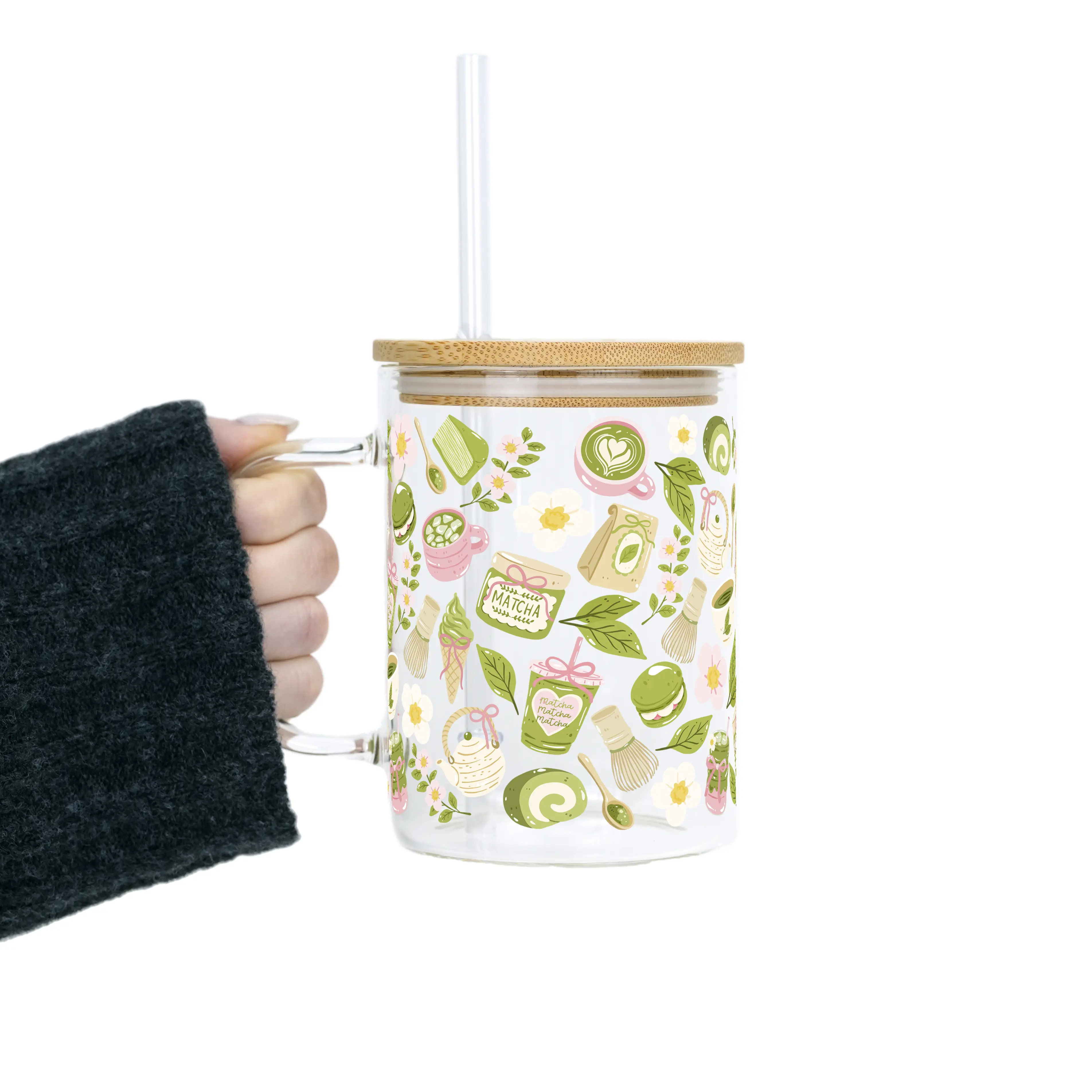 Matcha Moments 40oz Glass Tumbler with Lid and Straw, Iced Coffee Drinkware, Gift for Her, Acrylic Tumbler, water bottle for women, iced coffee cup, Bamboo, Mug