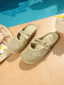 Women's Olive Green Bow Decor Cut-Out Platform Mule Slides, Resort Boho-Chic Style, Non-Slip Beach Shoes #ResortBohoShoes, #BowPlatformMules, #CuteBeachChicSlides