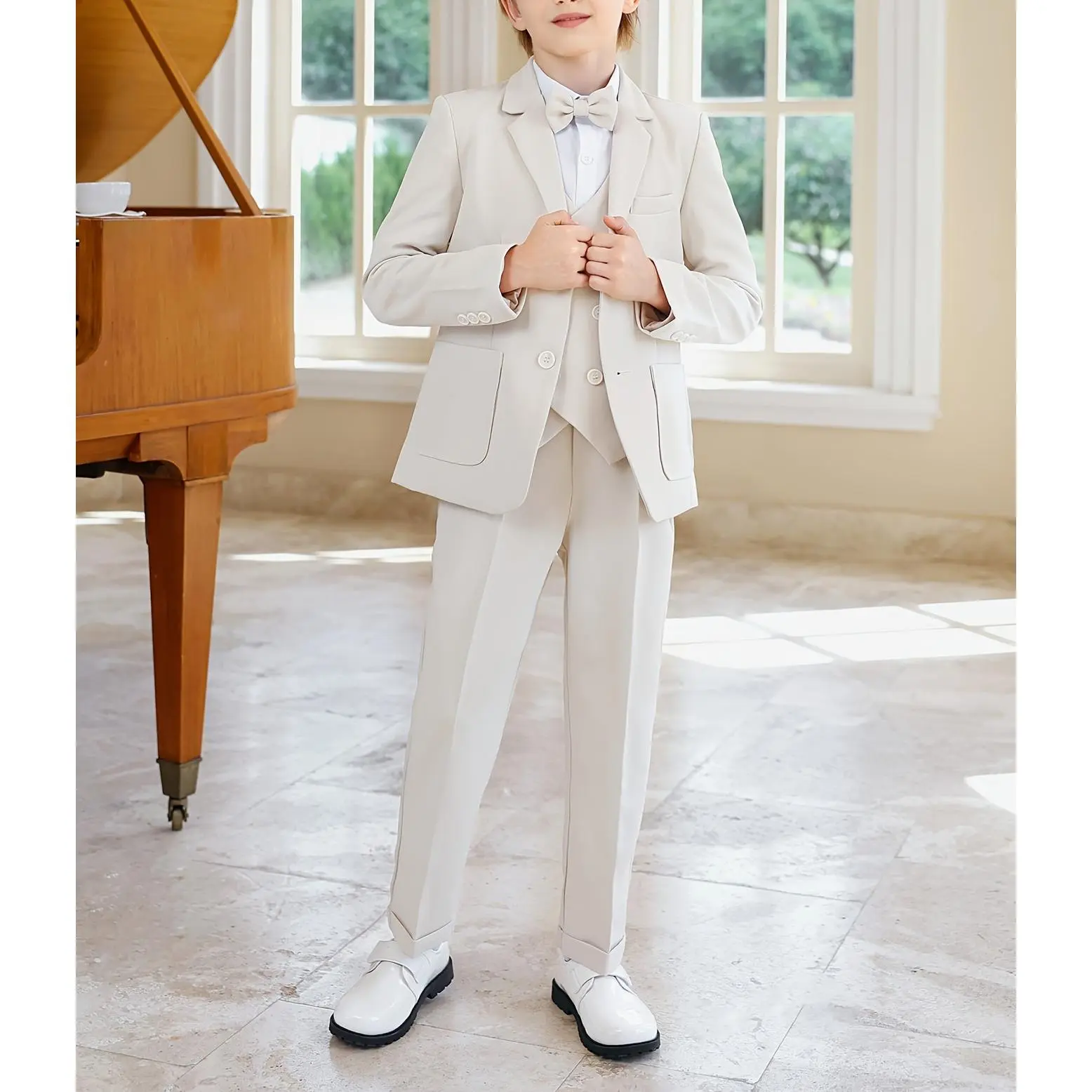 Boys' Beige British Style Suits, 3pcs Set with Jacket, Vest, and Pants, Polyester, Regular Fit, Long Sleeve, Solid Color, Buttoned Front, Party Wear for Page Boys, Ring Bearers, and Models