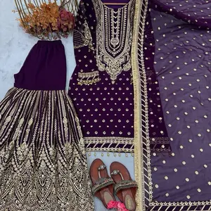 Women Designer purple  Plazo Set Indian Sharara Pakistani Diwali Party Wear with Gold Embroidery & Polka Dots
