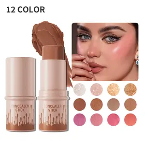 Hello Kiss Multi-Use Cream Concealer Sticks Brush , Highlighter, Blush Stick, Matte & Radiant, Lightweight, Foundation Makeup Cosmetic For Women Daily Use and Gift, 12 Color Shades, For All Skin Tones
