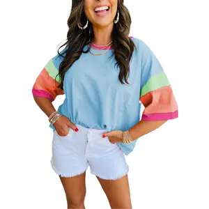 Women's Summer Cotton Tops Green Color Block Stitching Sleeve Round Neck Oversize Top Casual Patchwork Fabric Loose Fit Breathable Comfort