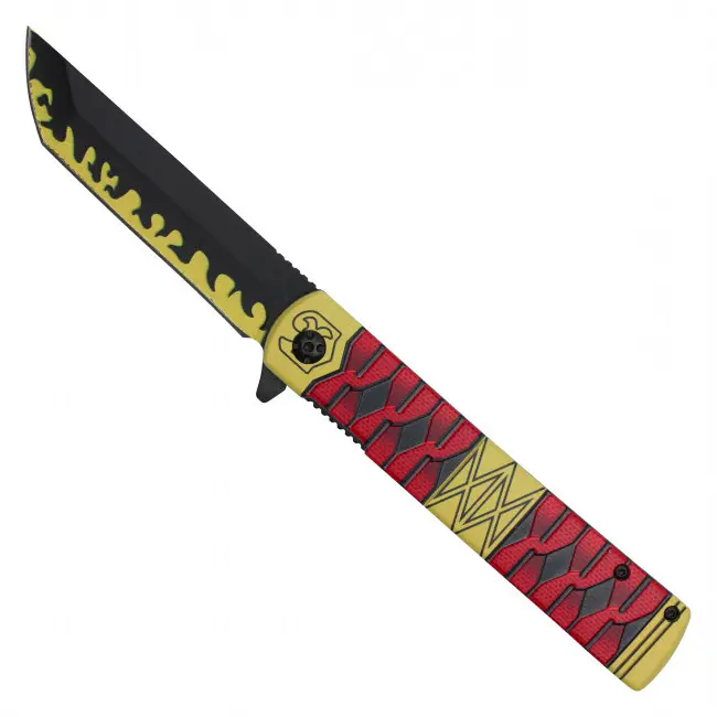 Gold Flame Katana Pocket Knife – Japanese Sword Style – Anime Inspired Folding Knife – Red Wrapped Handle – Assisted Opening – Samurai Collectible – Warrior Gift