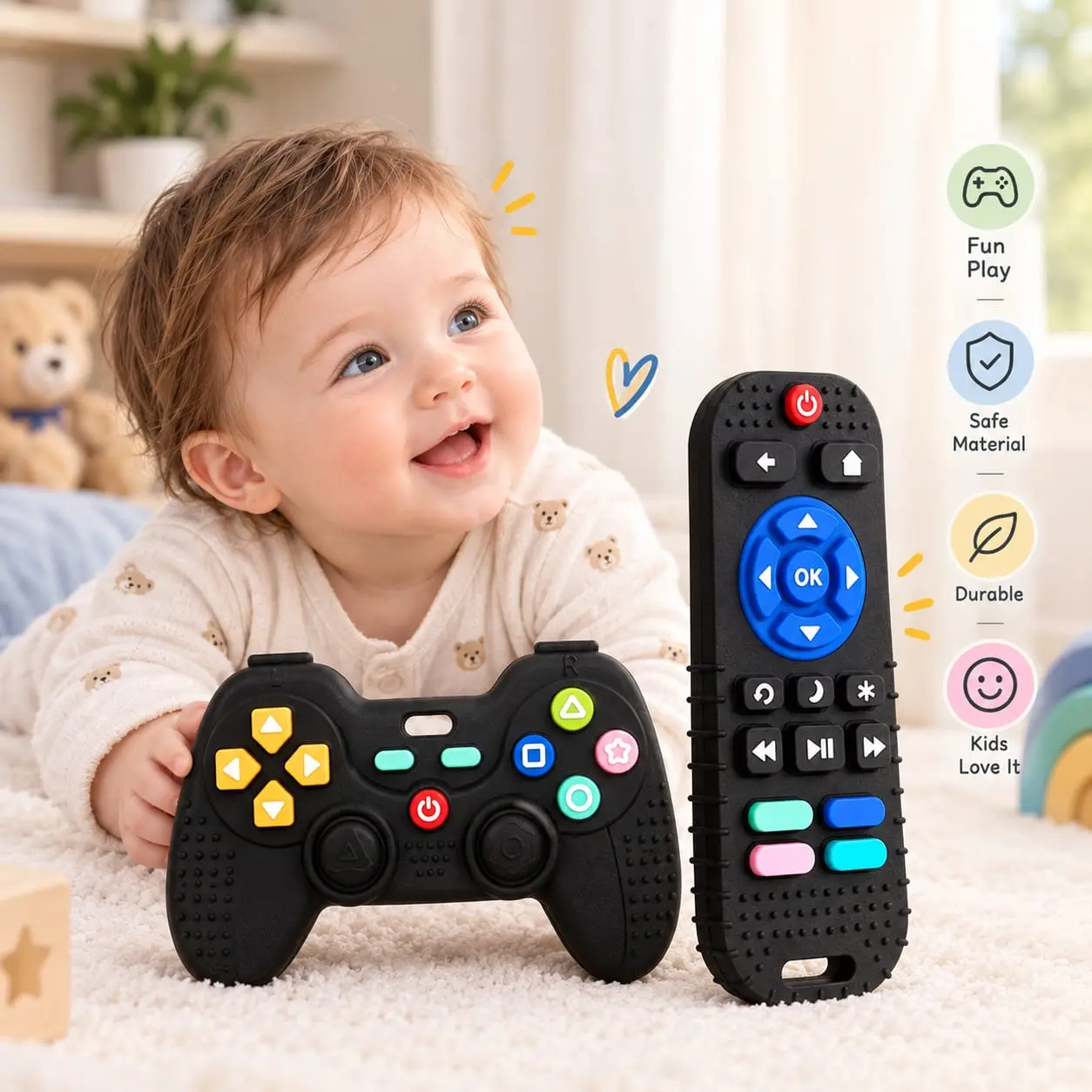 Hooku 2 Pack Silicone Teething Toys for Babies 0-6 Months, Teethers for Babies 6-12 Months, Remote Teether for Baby, Sensory Toys for Babies, Baby Chew Toys KLW8808
