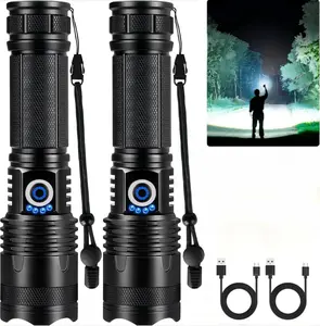 2-Pack USB Rechargeable Handheld Flashlight, Super Ultra-Bright High Lumens Zoomable Flash Light, Water Resistant Tactical Flashlight with Battery Power Indicator, Portable Compact Design, 5 Lighting Modes Long Runtime for Home Camping Survival Emergency