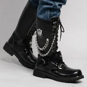UYCEKK Boots For Men Punk Rock High-top Long Boots, Skeleton Lace-up Thick-soled Stage Cowboy Boots, Casual High-top Workwear Boots, Thick-soled Stable Anti-slip Motorcycle Boots, Metal Chain Decoration Design