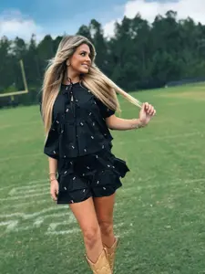 American Graham Apparel Team Captain Black Embroidered Football Top & Matching Shorts Set for Women - Casual Chic Ruffle Sleeve Suits for Game Day