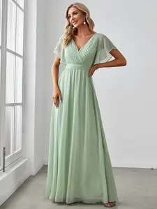 Ever-Pretty  Vneck A-Line Pleated Shortsleeve Chiffon Tie-Waist for Wedding dresses,  Minimalist Formal Events EE0164 Womenswear Comfort