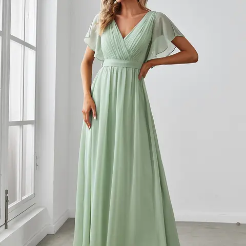 Ever-Pretty Women's V-Neck A-Line Pleated Short-Sleeve Chiffon Tie-Waist Basic Clothes - Wedding Guest Dresses, Elegant Formal Dresses for Comfort EE0164