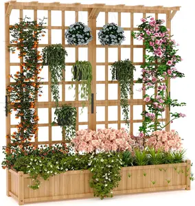 Two-Tier Wooden Planter Box with Trellis for Outdoor Gardens, Elevated Raised Bed for Flowers and Vegetables, 1.4 ft Deep Planter with Hanging Roof & Drainage Holes