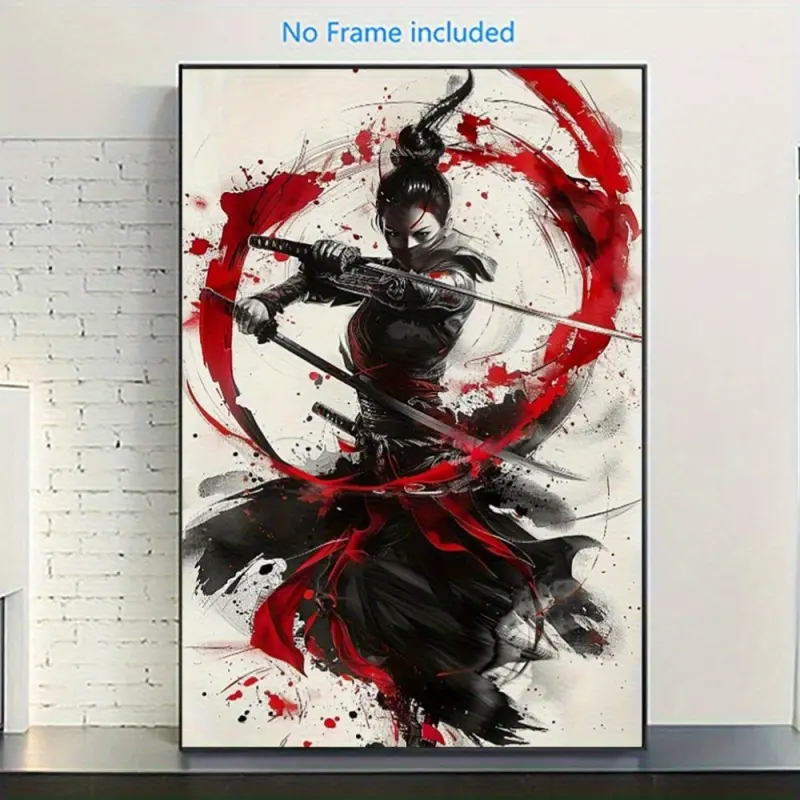 Japanese female warrior wall |   12*16inch Framed canvas print, vibrant red and black ink splatter dynamic samurai art, Bushido oath poster, suitable for bedroom, living room, dormitory, classroom decoration, traditional Japanese design