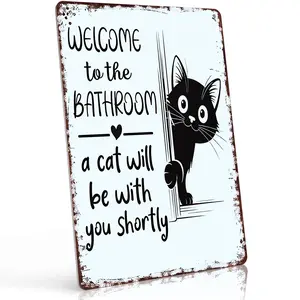 "Welcome to the Bathroom - A Cat Will Be With You Shortly" 8x12 Inch Aluminum Metal Sign - Funny Cat Lover Bathroom Wall Decor for Powder Room, Guest Bath, and Home - Retro Vintage Tin Poster with Peeking Black Cat Illustration