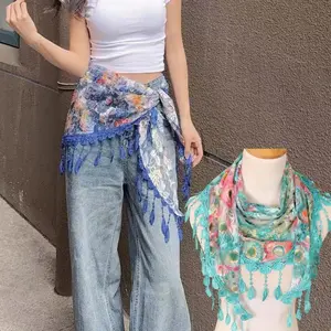 Lace Skirt Curtain Stacked Waist Belt Floral Triangle Scarf Tassel Shawl Female Classic Transparent Breathable Scarves Sunscreen