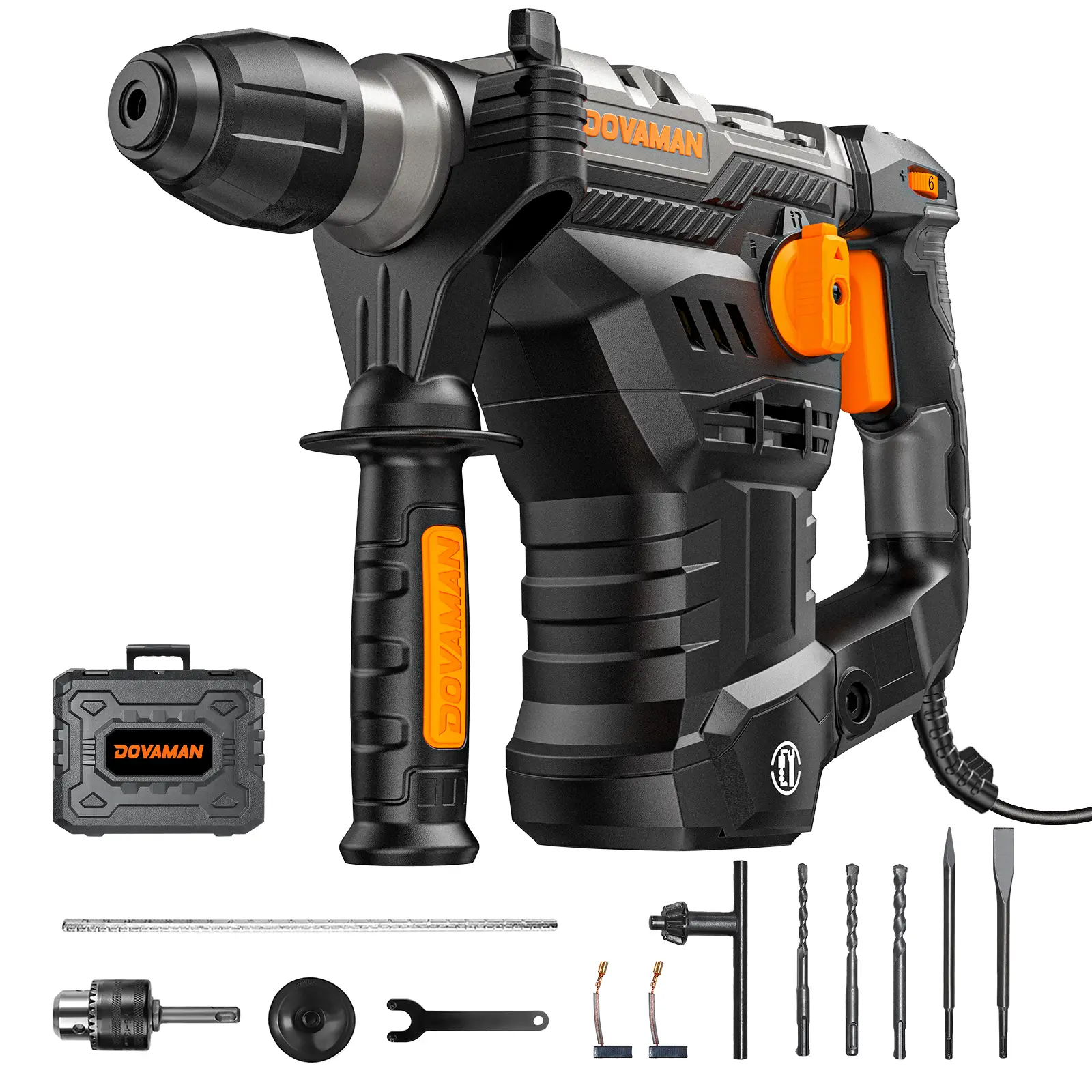 DOVAMAN RH15A 1-9/16'' SDS-Plus Rotary Hammer Drill, 4 Functions in One Knob, Safety Clutch, 6 Speeds, 4350BPM / 900RPM, Fit for Concrete, Wood, Steel