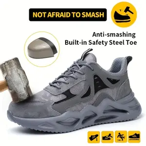 Not Afraid to Smash Men's Steel Toe Sports Non-Slip Work Shoes Grey Closed Breathable Mesh Anti-Smashing Anti-Piercing Shock-Absorbing Wear-Resistant Soft & Light Father's Day Gift Worker Footwear