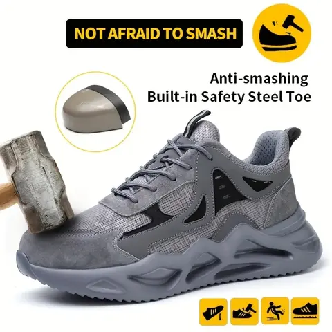 Not Afraid to Smash Men's Steel Toe Sports Non-Slip Work Shoes Grey Closed Breathable Mesh Anti-Smashing Anti-Piercing Shock-Absorbing Wear-Resistant Soft & Light Father's Day Gift Worker Footwear，Summer vibes