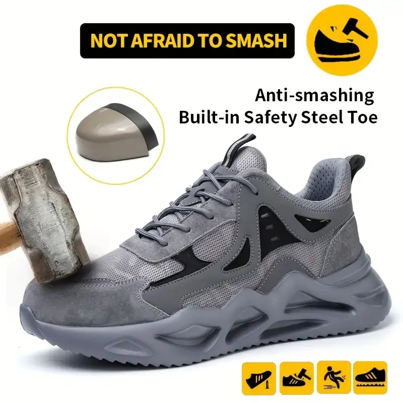 Not Afraid to Smash Men's Steel Toe Sports Non-Slip Work Shoes Grey Closed Breathable Mesh Anti-Smashing Anti-Piercing Shock-Absorbing Wear-Resistant