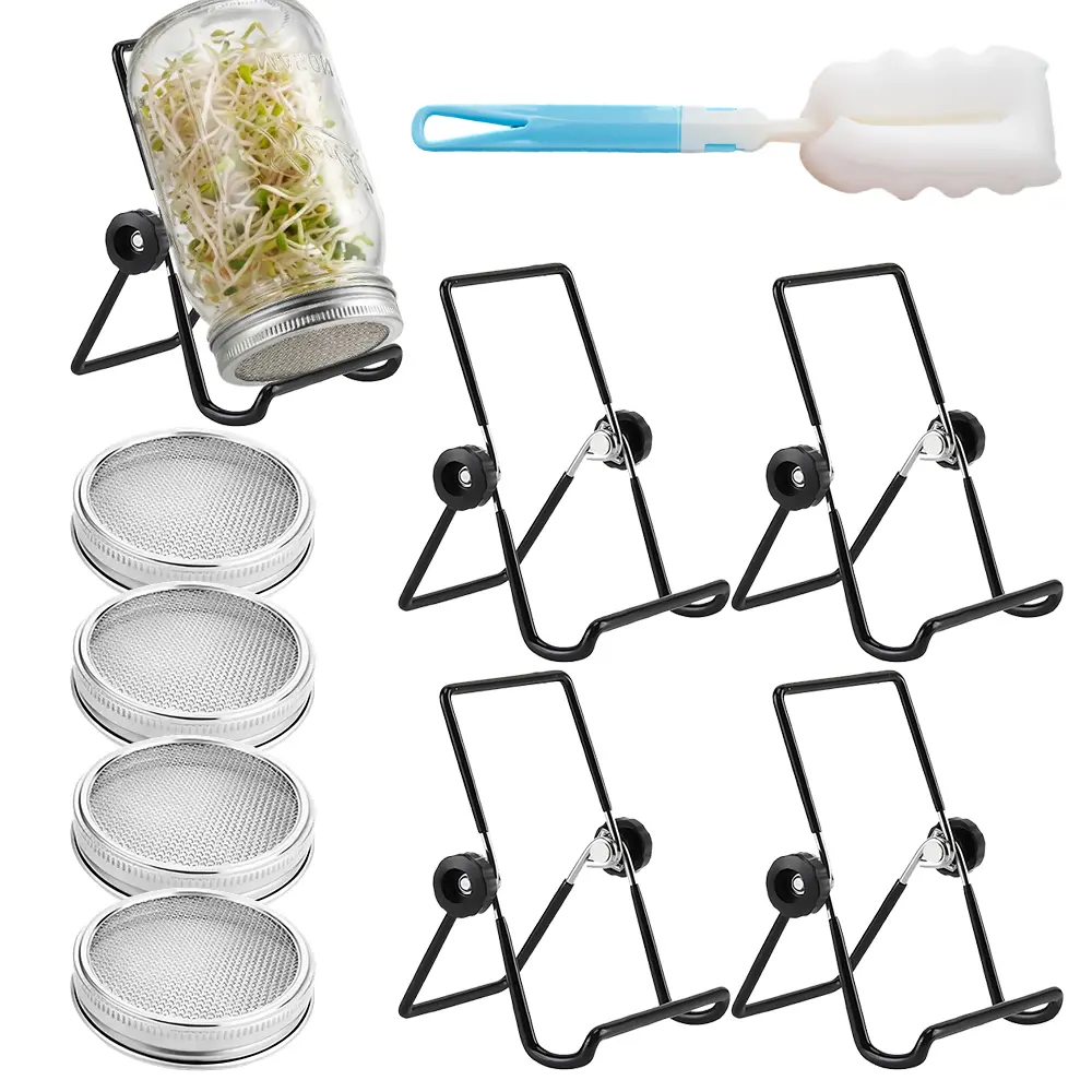 Sprouting Kit, 4-Pack Stainless Steel Germination Lids and Adjustable Stands for Wide Mouth Mason Jars, Grow Microgreens and Bean Sprouts, Broccoli Sprouts, Seed Sprouting