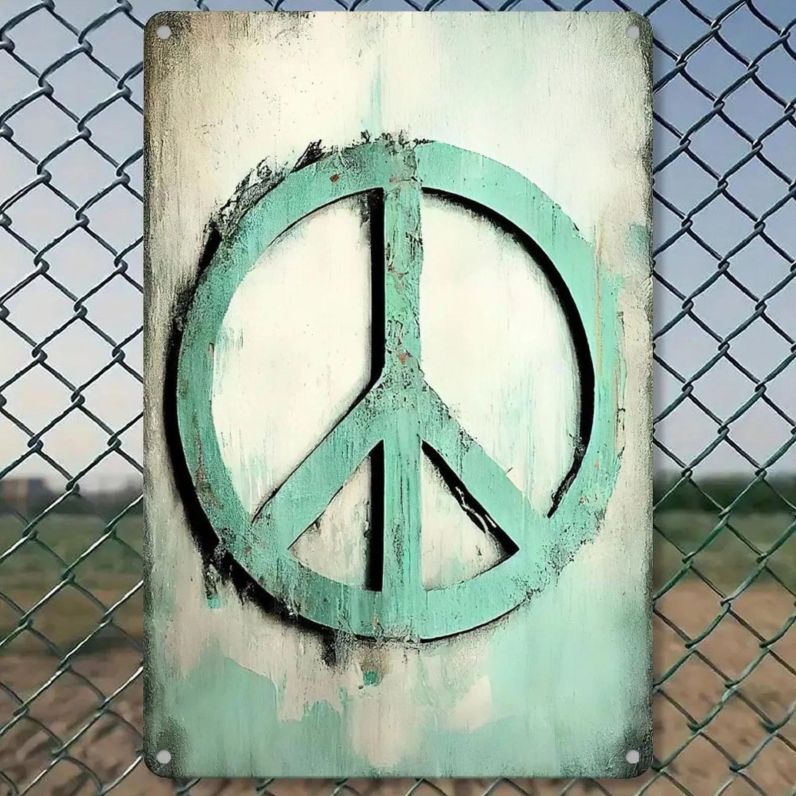 Turquoise Peace Sign Grunge Metal Tin Sign 8x12in Hippie Symbol Wall Decor for Bedroom Living Room