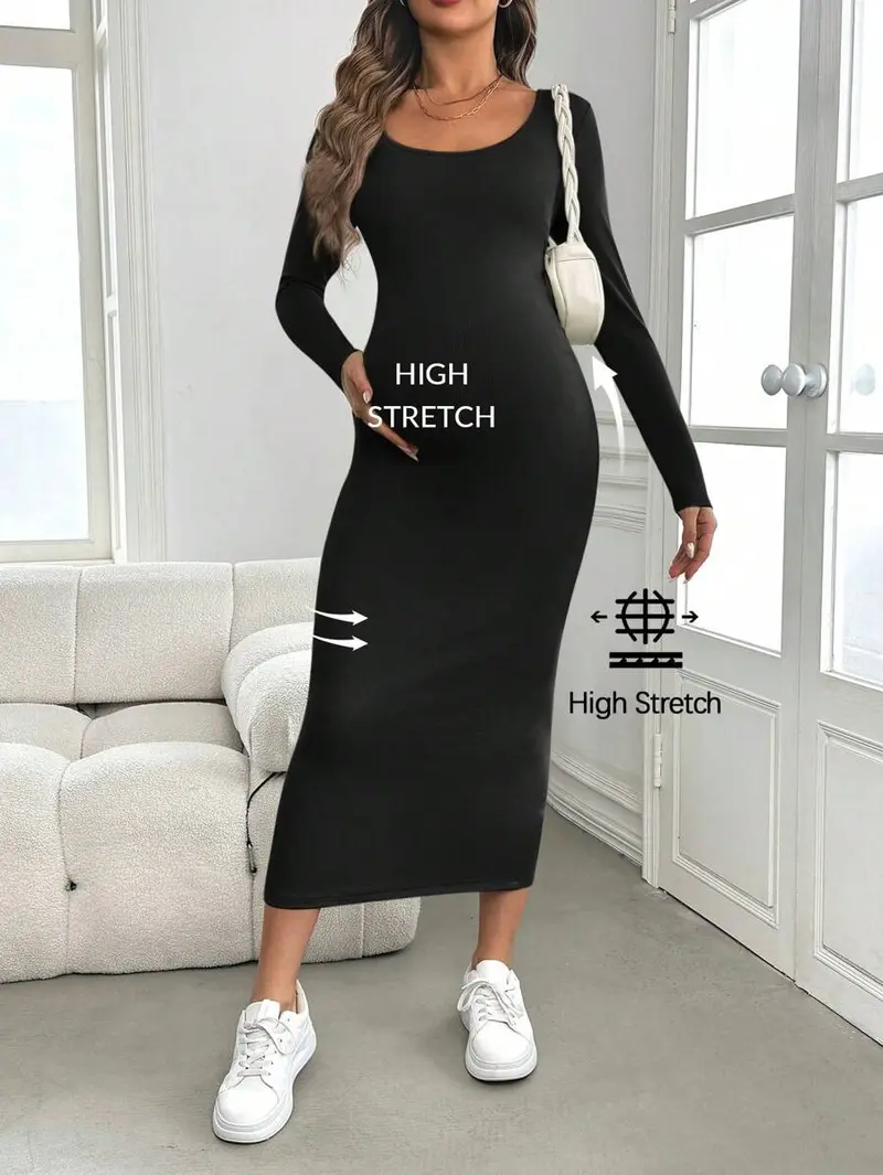 Clohitng Maternity Baby Shower Dress, Long Sleeve Fitted Pregnant Women Dress, Green, Autumn/Winter