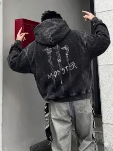 Monster Text Patchwork Graphic Hoodie, Dark Experiment Print, Punk Aesthetic, Tiktok Trendy Subculture Fashion, Gothic Party Streetwear