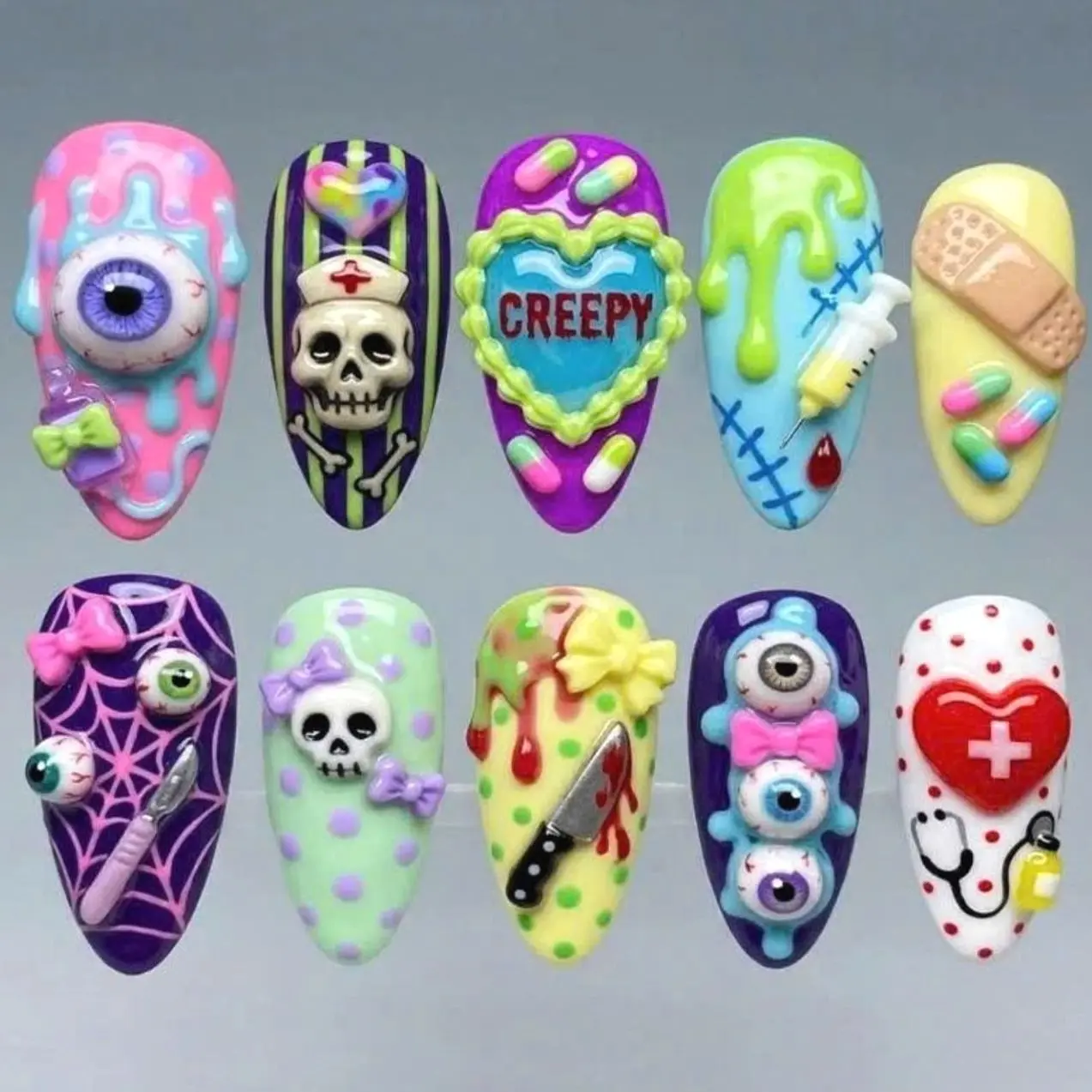 Pastel Monster Lab Press On Nails Eyeball Candy Skull Syringe Heart Neon Creepy Cute Handmade 3D Gel Nails Fantasy Goth Reusable Press On Nail Set for Halloween Costume Party