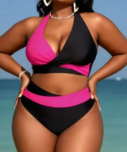 Plus-size black and pink crisscross bikini set with color-blocked top and high-waisted bottom, tummy control swimwear - essential two-piece swimsuit for curvy girls