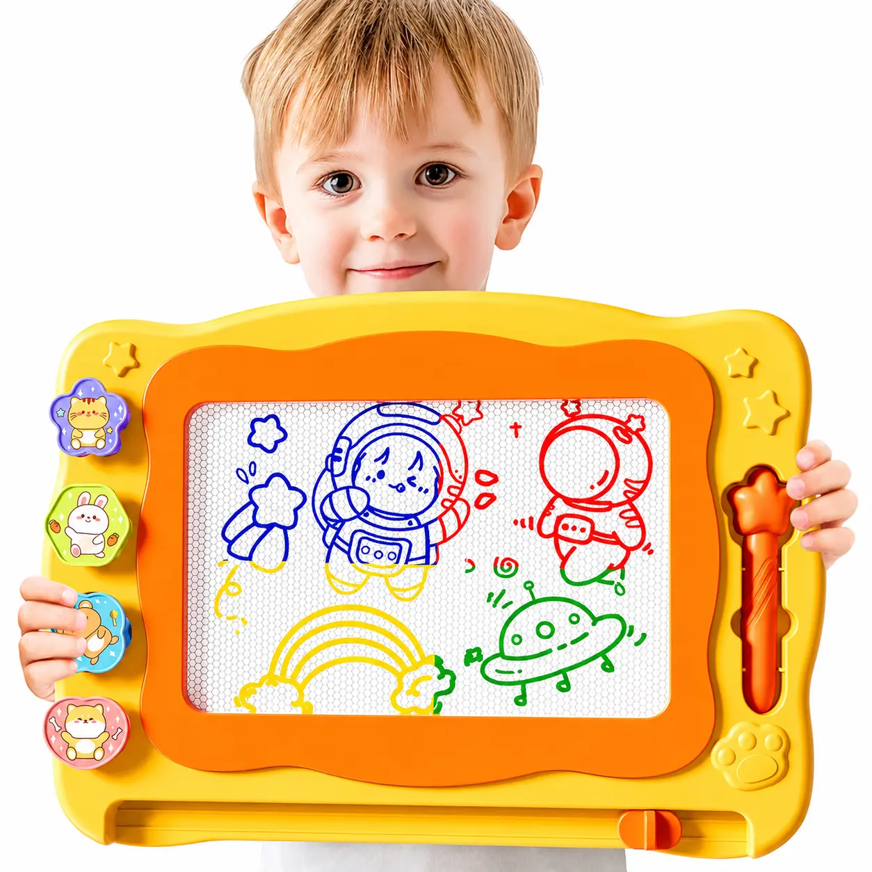 Portable Magnetic Doodle Set for 3-4 Years Old Kids, Erasable Board Drawing Art Kit with Animal Stamps & Brushes, Battery-Free Lightweight Educational Arts & Crafts Early Learning Toy