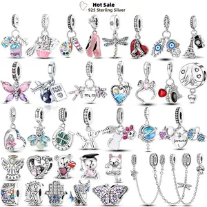 Charm 925 Silver Original Butterfly Firefly Pink Bow Coloured Charms Beads Fit Pendants Bracelet Birthday DIY Jewelry Collection