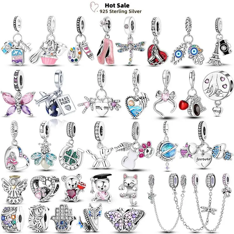 Charm 925 Silver Original Butterfly Firefly Pink Bow Coloured Charms Beads Fit Pendants Bracelet Birthday DIY Jewelry Collection