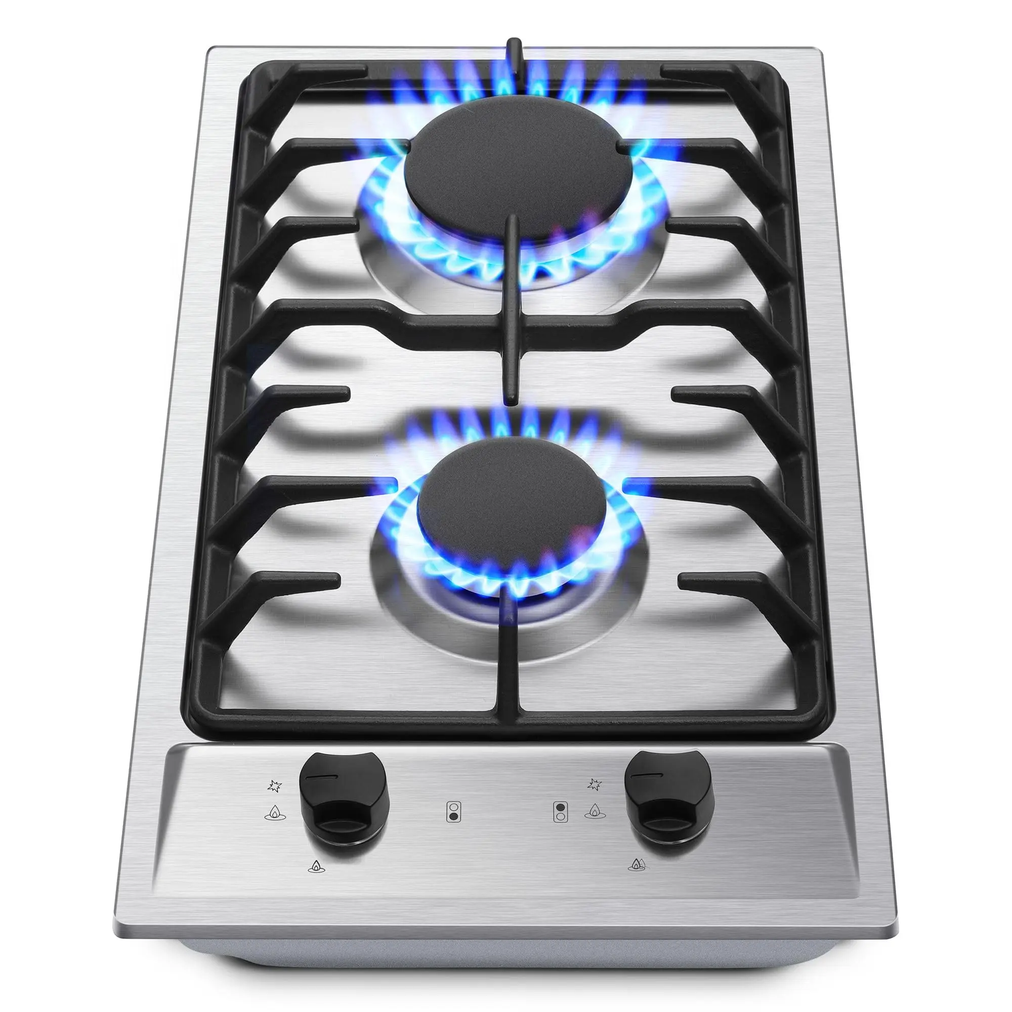 12 In Drop-In Double Burner Stainless Steel Gas Hob Stove Top - NG/LPG Convertible, Anti-Scalding Knob Controls, Corrosion-Resistant Commercial Use Built-In RV Appliance with Child Lock, 11.6"w x20.4"l x3.9"h, Model GH001-122S-J