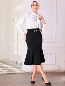 INSPIRE CHIC Women's Elegant Fishtail Skirt High Waist Belted Work Midi Mermaid Skirts Black