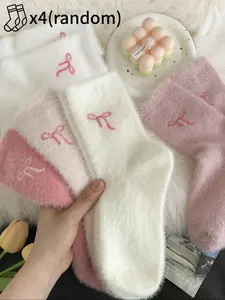 4 Pairs of White and Pink Plush Women's Ankle Socks Bow-Patterned Fleece-Lined Warm Fitted Socks Valentine's Day Gift Soft and Comfortable for Fall/Winter Wear Random Color Selection