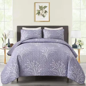 DJY Purple Set King Size - Branch Botanical Pattern Bedspread Coverlet Set, 3 Pieces Lavender Purple Floral Bedding Set, Soft Microfiber Summer for All Season, 110''x90''