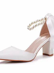 Women's Elegant High Heel Sandals, Classy Sandal, New Faux Pearl Bowknot Fashion Thick Sole, Trendy Casual Shoes for Weddings and Parties