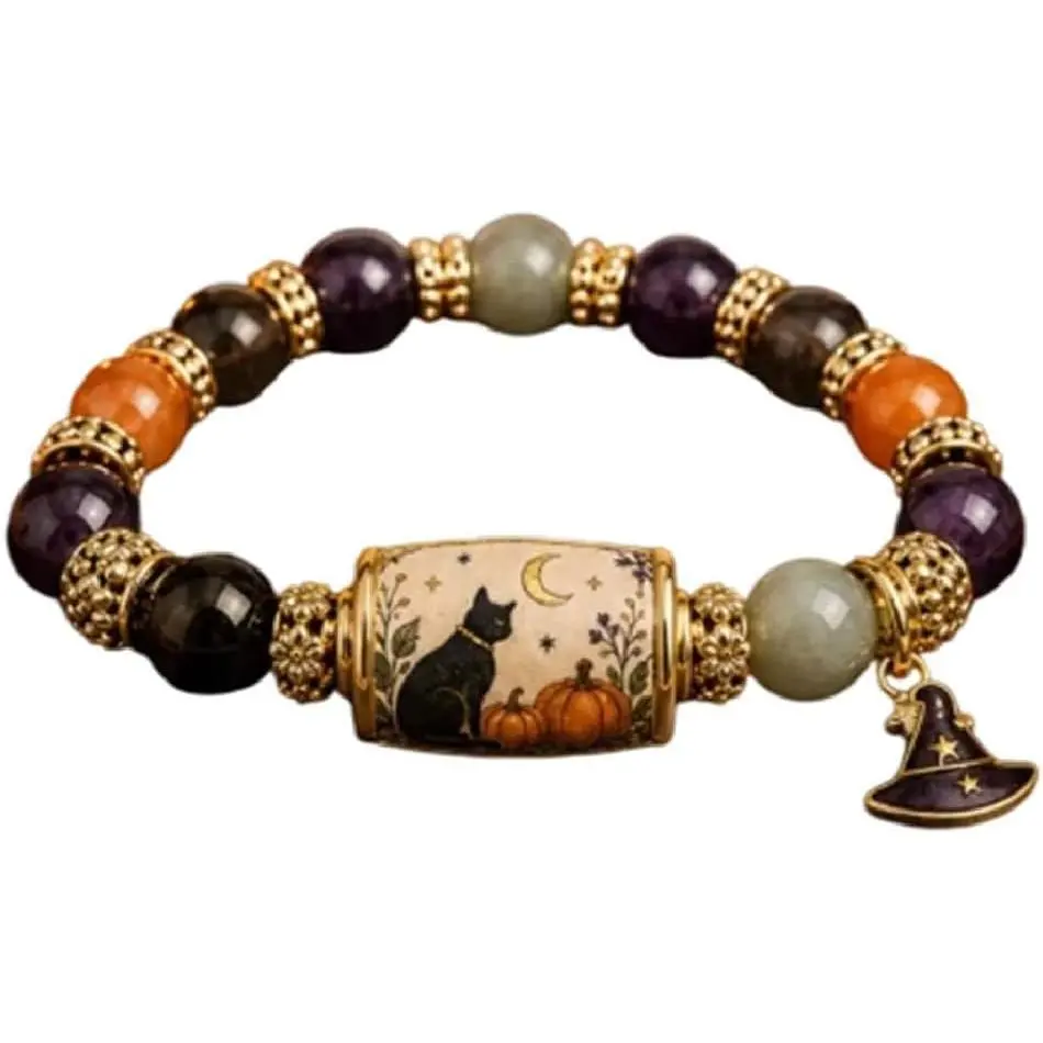 Limited Edition 2026 Halloween Black Cat Pumpkin Beaded Bracelet Gift Set, Stretch Halloween Bracelet with Witch Hat Charm, Spooky Jewelry Gift for Women