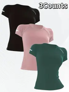 Women's Yoga Letter Round Neck Short Sleeve T-Shirt, High Stretch Breathable Fitness Running Yoga Top, Casual Sportswear, Gym Yoga Tops, Fitness Shirts
