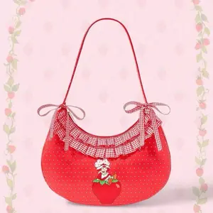 Strawberry Shortcake Shoulder Bag Women's Fashion Red Polka Dot Design with Bow Accents Charming Strawberry Theme for Casual Outings