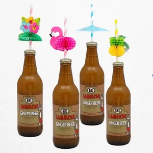 D&G Jamaican "Sof Drink" Genuine Glass Bottles 4 Count with 4 Tropical Paper Straws Ginger Beer, 12 fl oz)