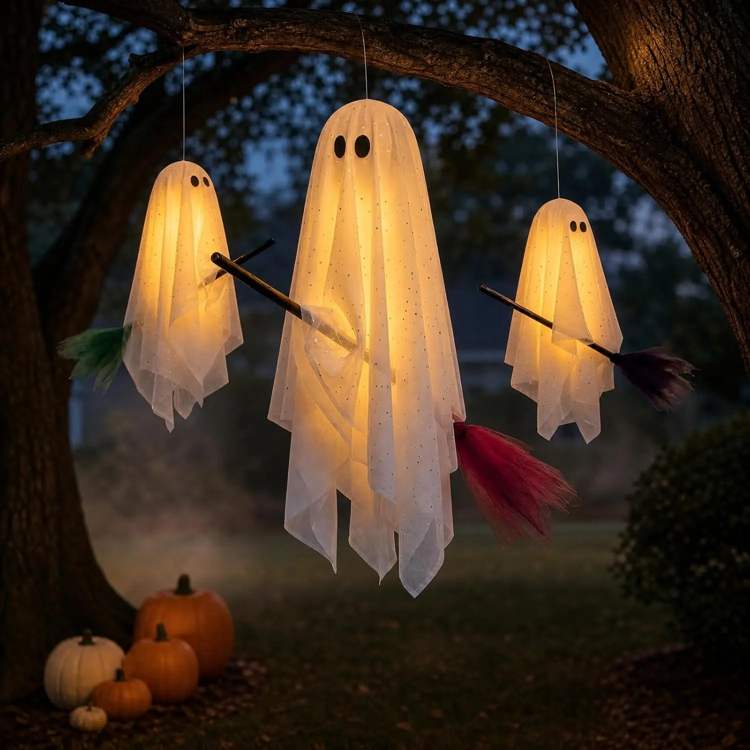 Halloween Decorations Outdoor, 3 Pack Hanging Ghosts on Brooms with Built-in Warm Lights, Flying Ghost Family Decor, Floating Gauze Ghost for Tree, Porch, Yard, Patio, Indoor Halloween Decorations