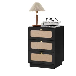 Giratree Mid-Century Nightstand (1-Pack/2-Pack Option), 21.65"H Wood Bedside Table with 3 Drawers & Curved Linen Panel, Farmhouse End Table for Small Space Bedroom