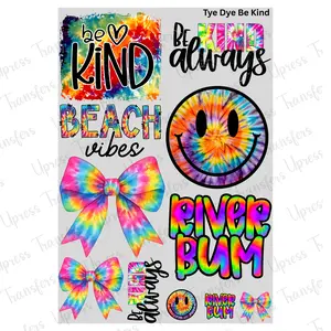 Tye Dye Be Kind Mini DTF Transfer Gang Sheet 24.5" Wide x 36" Long Direct To Film Trendy Vibrant Designs for Stylish Wardrobe