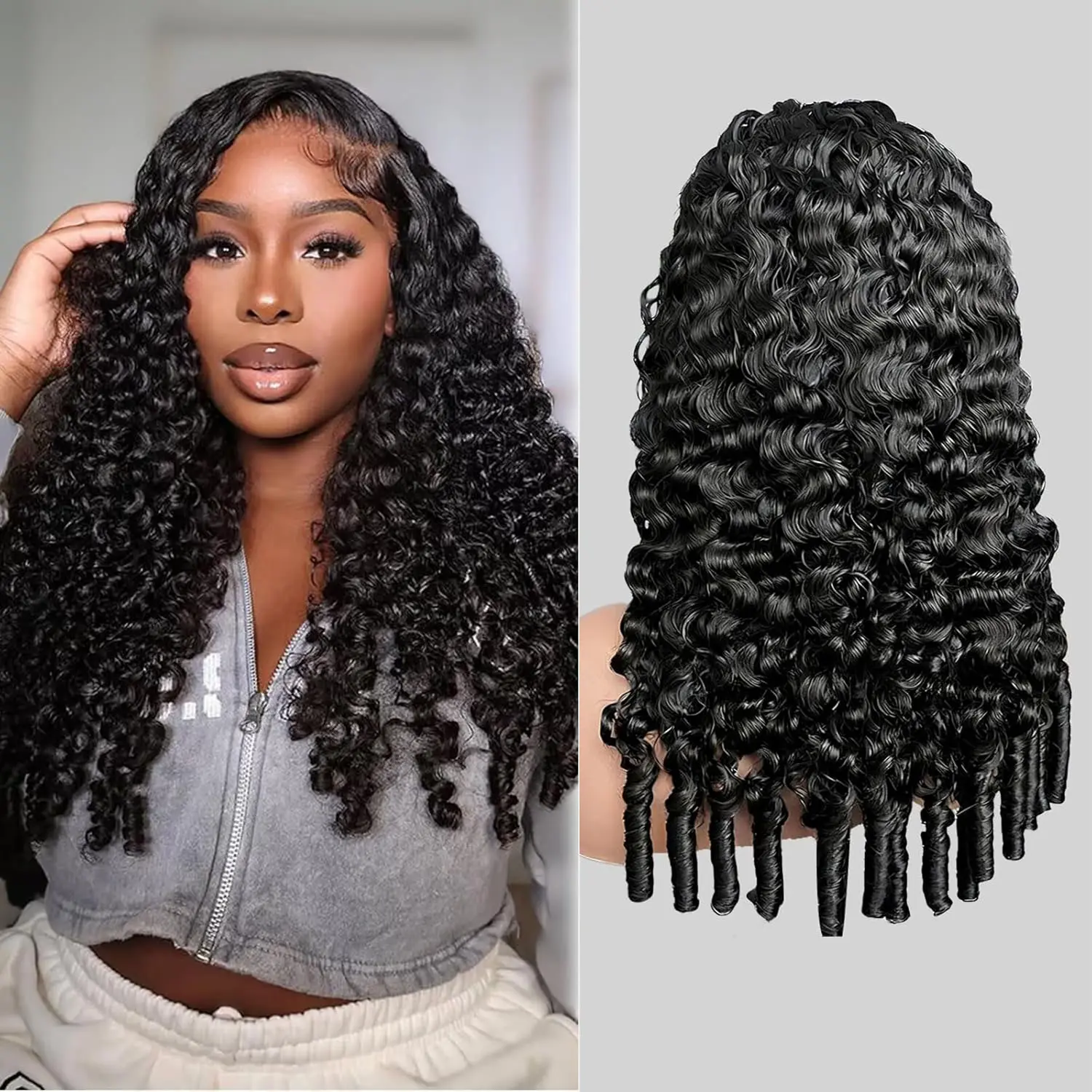 Burmese Curly Wear and Go Glueless Wig Human Hair Curly Texture with Finger Coil Ends Upgrade 13X6 Pre Cut Lace Flip Over Beginner Friendly with Drawstring 180% Density 22 Inch
