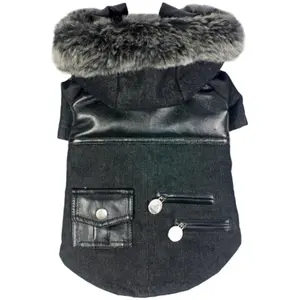 212 MAIN Ruff-Choppered Faux Fur Hooded Denim Cotton Pet Coat, Easy On-Off, Back-Snap Pocket, Leash Slit, Stylish Denim Look