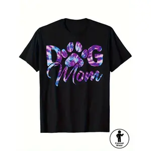 Plus Size Tie Dye Dog Mom T Shirt Featuring Galaxy Paw Print Pattern Casual Crew Neck Short Sleeve Top Made from Comfortable Cotton Fabric All Season Trendy Slight Stretch Regular Fit Perfect for All Body Types