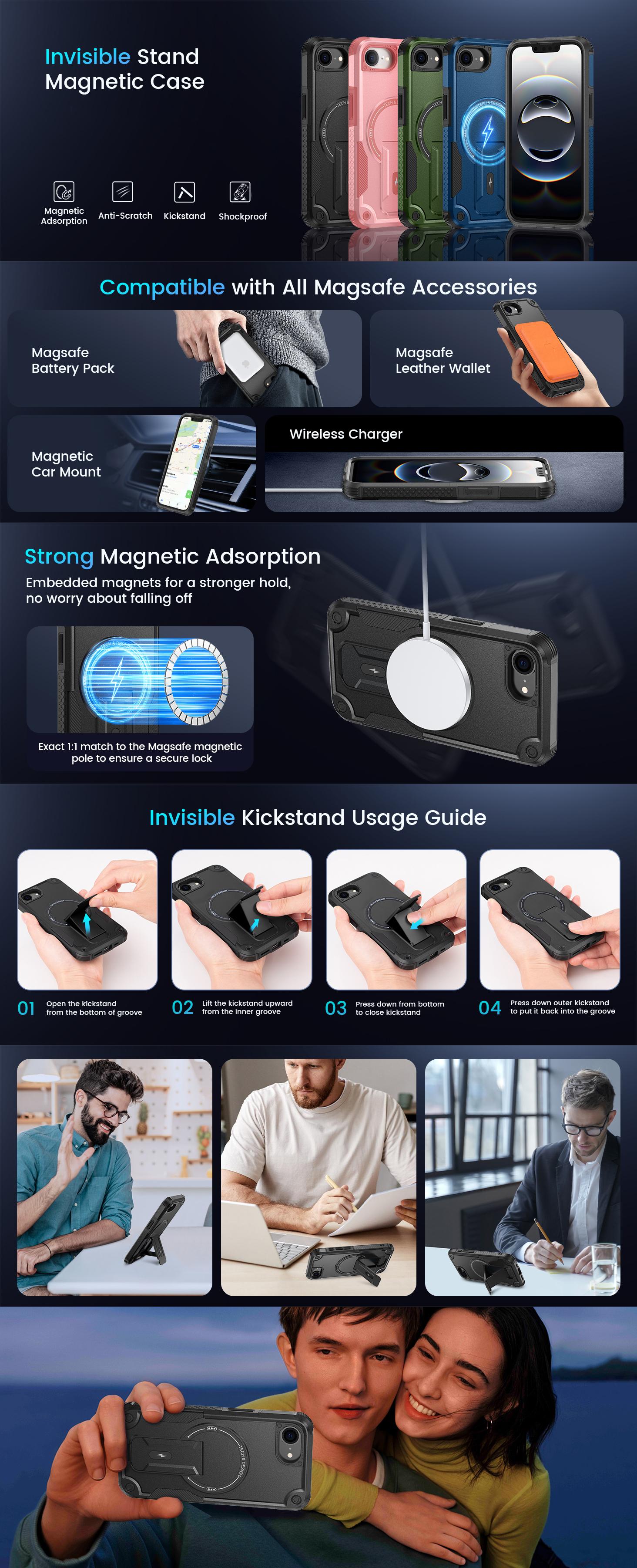 Magnetic for iPhone 17E/16E Case, with Privacy Tempered Glass Screen Protector , Compatible with MagSafe, Invisible Kickstand, Shockproof Phone Cover, Black