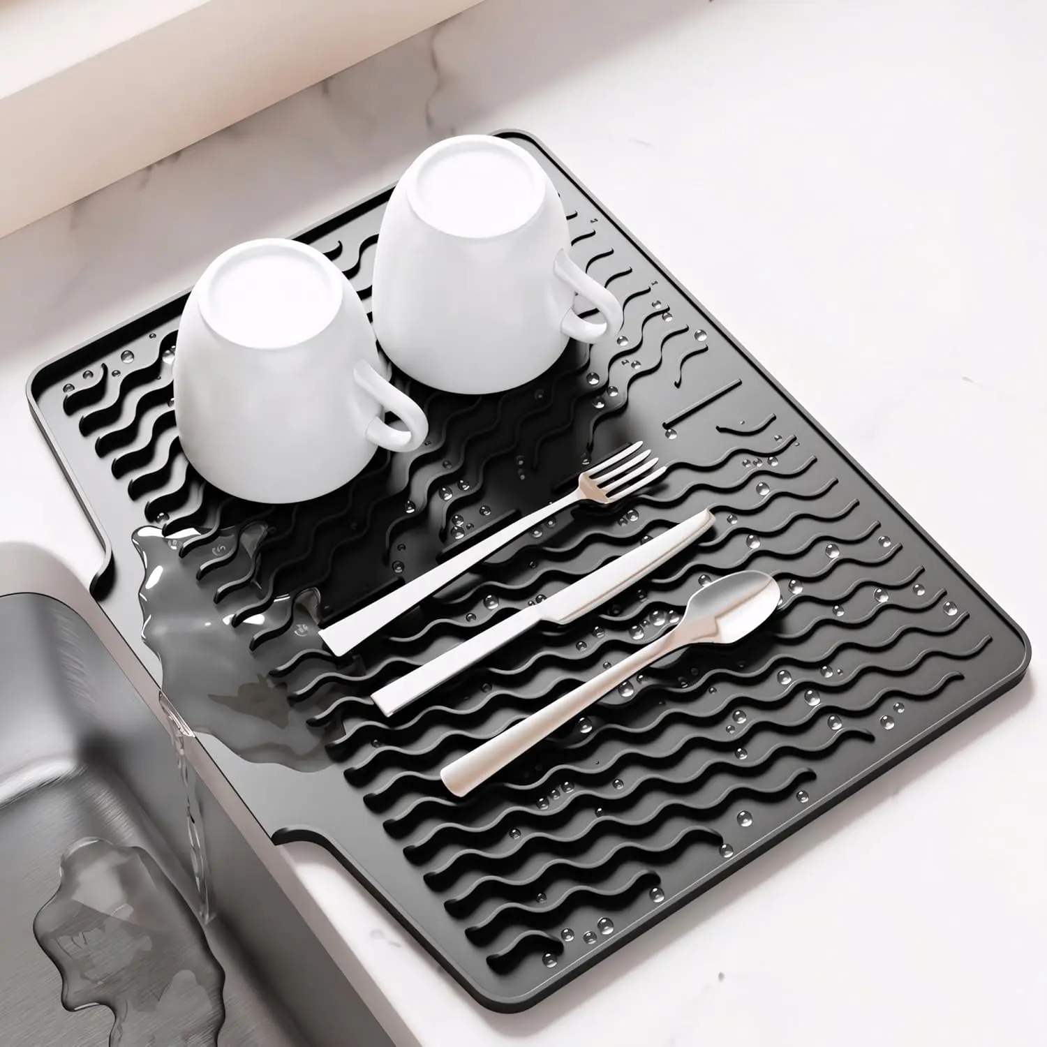 Dish Drying Mat with Drain, Silicone Mat for Kitchen Counter, Non-Slip Drainer Mat for Kitchen Sink, Countertop Dish Drying Rack, Heat Resistant Kitchen Accesories, Kitchenware